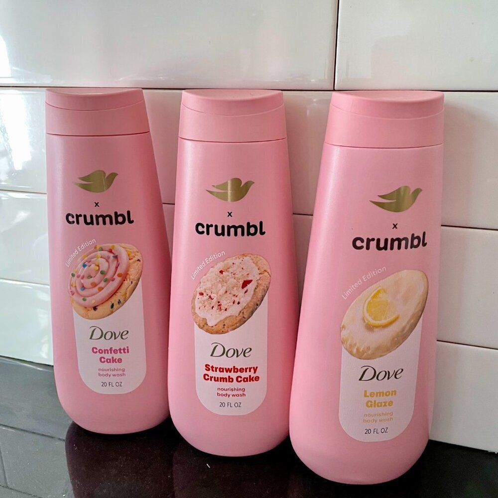 New! Bundle of 3 Dove x Crumbl set body wash confetti lemon strawberry cake